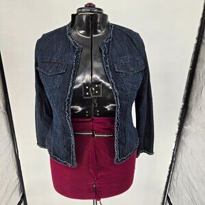 6125-5 Chico’s Denim blue Woman’s ruffled trim blazer Jacket SIZE 1 8/10 Medium